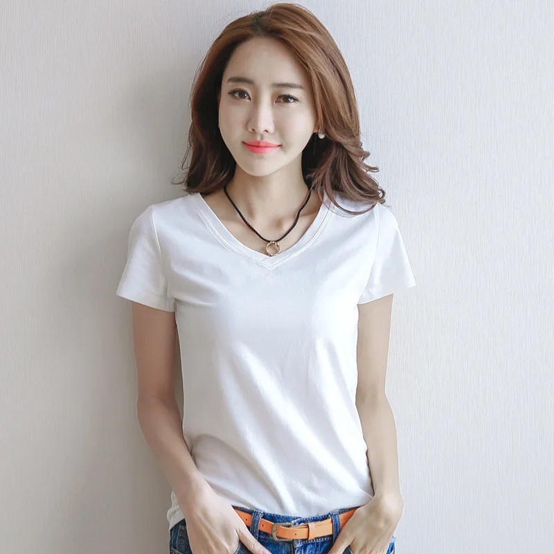 

New Summer Cotton Fashion Women Black White V O Neck Bottoming T Shirts Simple Tide Ladies OL Tops Shirt Clothes XXXL