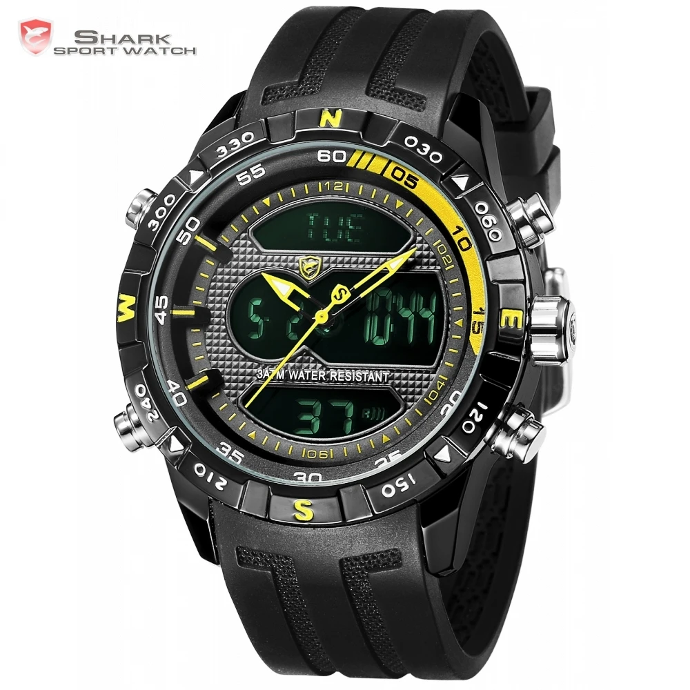 Online Cool Design SHARK Men Stopwatch Calendar Auto Date Alarm LCD Clock Dual Time Rubber Band Outdoor Watches erkek kol saati SH599