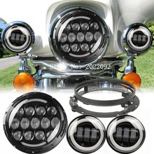 7″ Daymarker Headlight H4 Hi/Low Beam with 30w Motorcycle 4.5″ 4 1/2″Auxiliary LED Fog Lights Bulb For Harley With Bracket Ring
