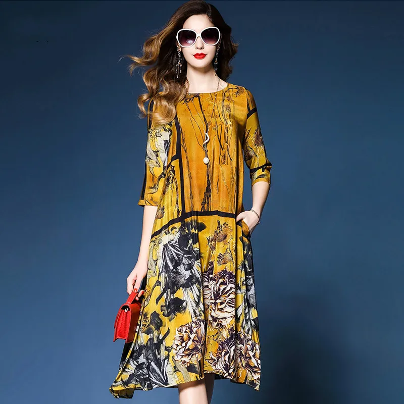 

New 2019 Spring Summer Loose Large Size Vestidos Printing O-neck Vintage Style Dress M-3XL Plus Size Women's Silk Dress RE2437