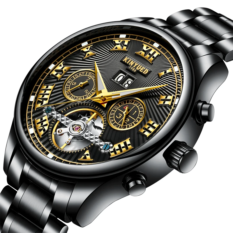 

KINYUED Skeleton Automatic Flying Tourbillon Steel Strap Mechanical Watch Self Winding Horloges with Watch Box