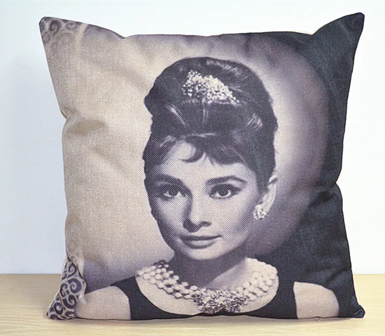 Free Shipping!Audrey Hepburn Printing Cushion Cover 2pc/lot Linen