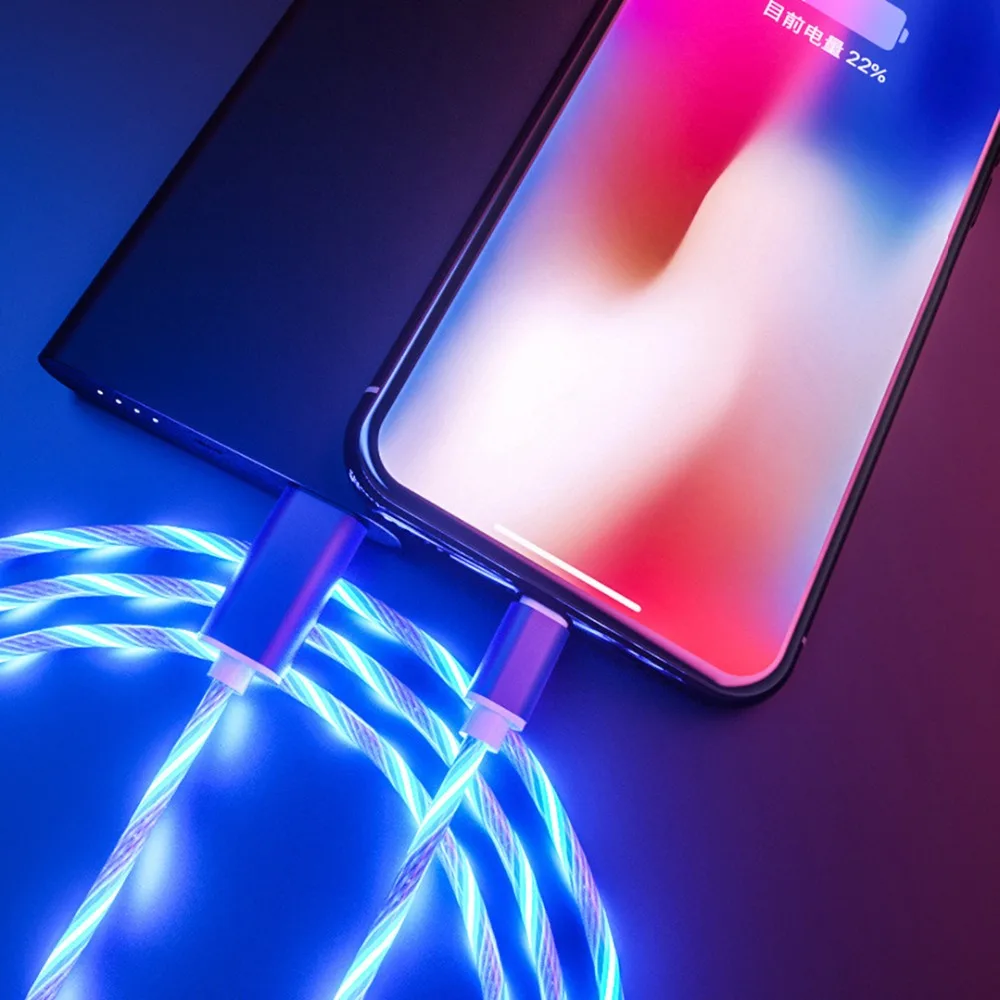 Flowing LED Glow Data USB Cable Charger Type C/Micro USB/8 Pin Charging Cable for iPhone X Samsung Galaxy S9 S8 Charge Wire Cord