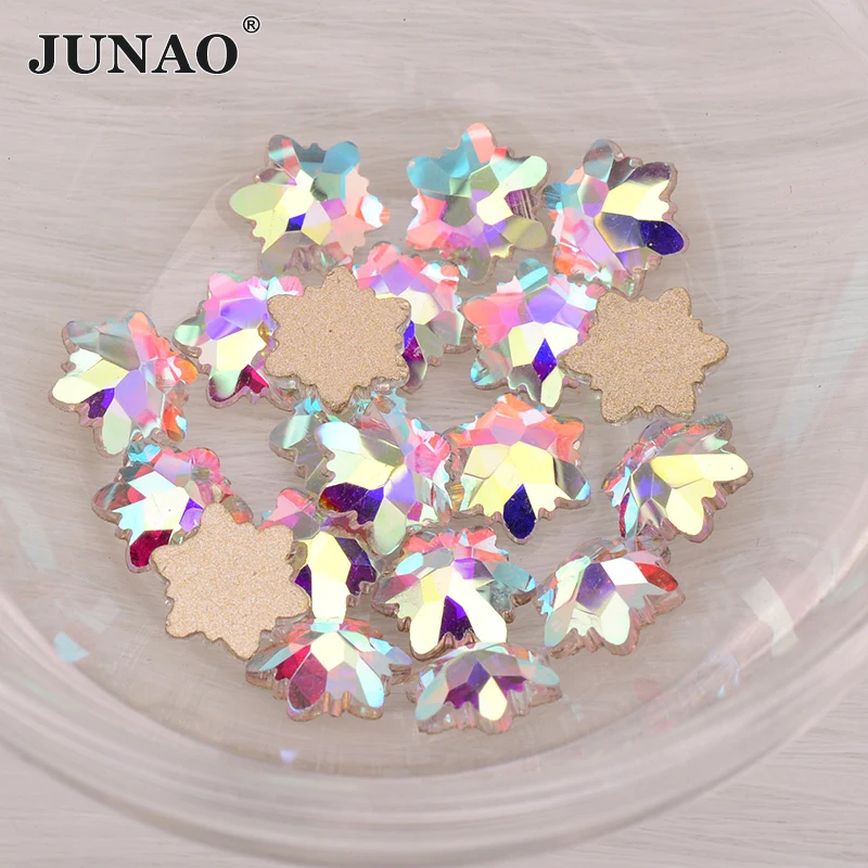 

JUNAO High Quality 50pcs 8mm Snowflake Crystal AB Glass Nail Rhinestone Flat Back Nail Art Decoration Stones Non Hotfix Strass