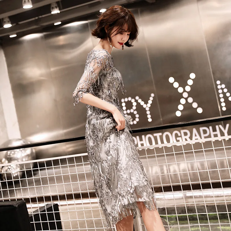 Goedkoop Lovertjes Cocktail Jurken Shining Drie Kwart Mouw Kwastje O hals Party Dress Sexy Kant Plus Size Thee Lengte Formele Gowns E366