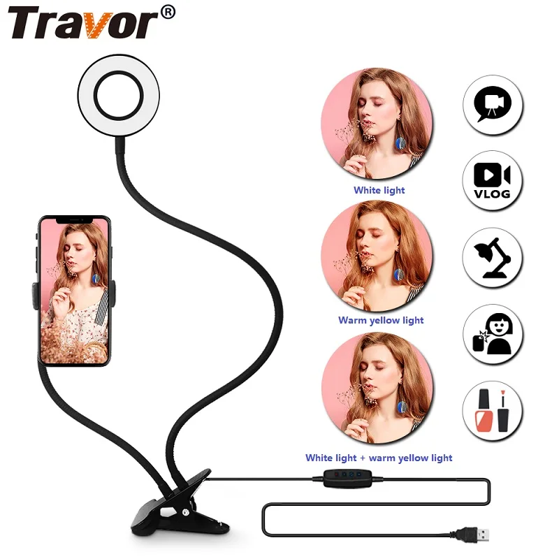 

Travor LED selfie Ring Light USB plug for Youtube live stream video chat with phone holder adjustable desk lamp makeup light
