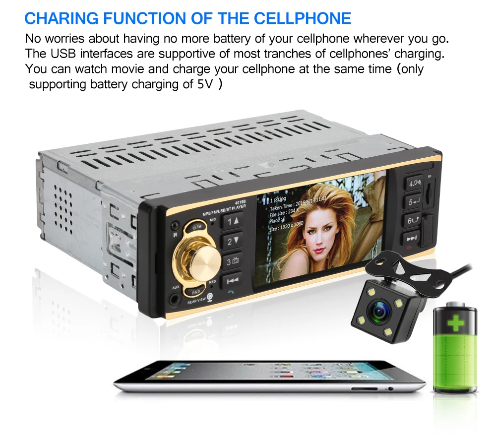 Aвтомагнитола 1 Din Автомобильный радиоприемник 4,1-дюймовый HD магнитола Bluetooth MP3-плеер Авторадио USB AUX FM-камера Автозвук Стерео Поддержка 13