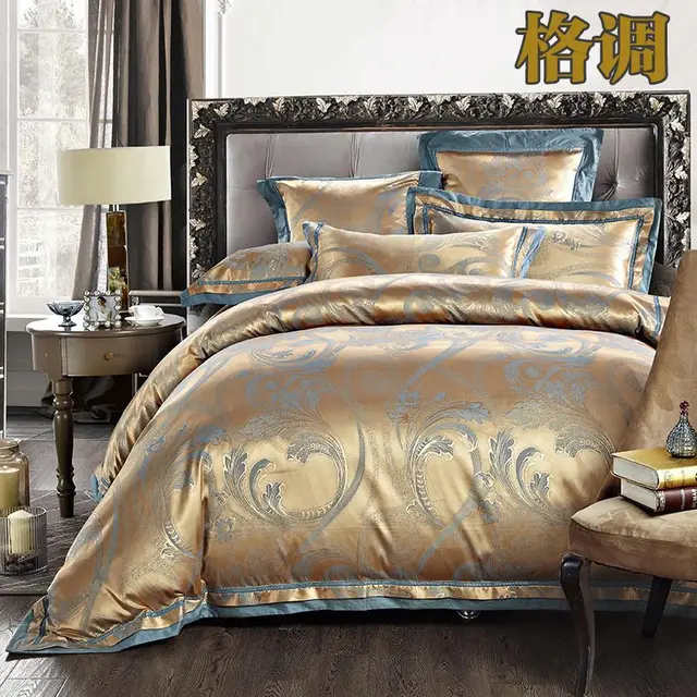 Luxury Jacquard Silk Bedding Sets Queen King Size 4pcs Gold Satin Bed