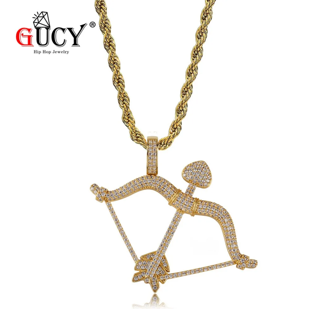 

GUCY Hip Hop Fashion Soild back Bow and Arrow Pendant Necklace Iced Out Cubic Zircon Gold Silver Pendants Gift
