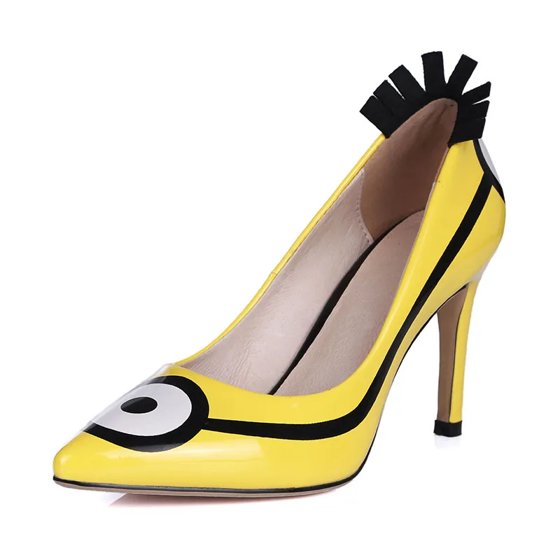 

yellow Spring/Autumn Pointed Toe Women Pumps Studded thin High Heels Heels Sapatos Patent Leather Shoes for Women