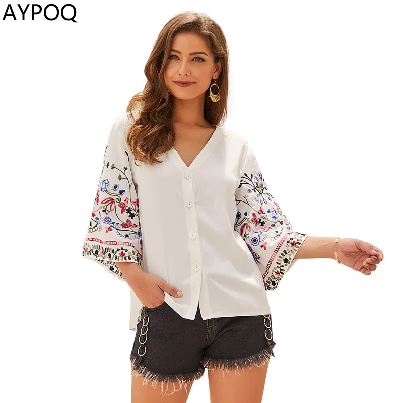AYPOQ Lady Embroidery Print V Neck Shirt Cotton Linen Elegant Women Summer Loose Buttoned Tops Casual White Nine Quarter Sleeve |