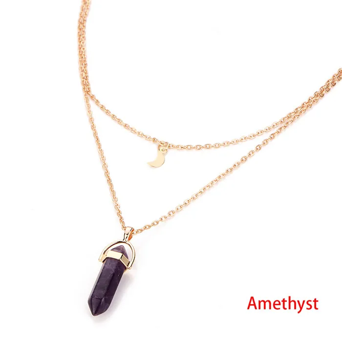 Ожерелье-чокер из натурального хрусталя с опалом из кварца, женская подвеска в виде Луны, двухслойная Золотая цепочка, чокер#229163 - Окраска металла: Amethyst