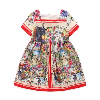 

Roimyal Wholesale free shipping European and American style Girls Cotton Flower Printed Short-sleeved Princess Dress