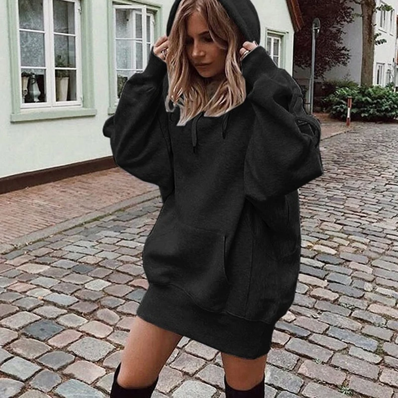 

Loose Solid New Spring Autumn Women Hoodie Sweatshirts Dress With Pockets Autumn Long Sleeve Casual Pullover Hooded Vestidos