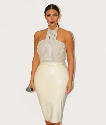 

Celebrity europe style summer club wear halterneck high quality bodycon fashion white beige bandage dress kim kardashian