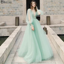 Illusion Long Sleeve Tulle A Line Mint Green Prom Dresses Applique Flowers Vestidos De Festa Longo Formal Evening Dress Prom Dresses Aliexpress