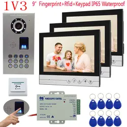 IP65 Водонепроницаемый код отпечатков пальцев Rfid домофоны для частного дома 3 Монитора 9 "Цвет Экран дверной звонок, камера для домашней