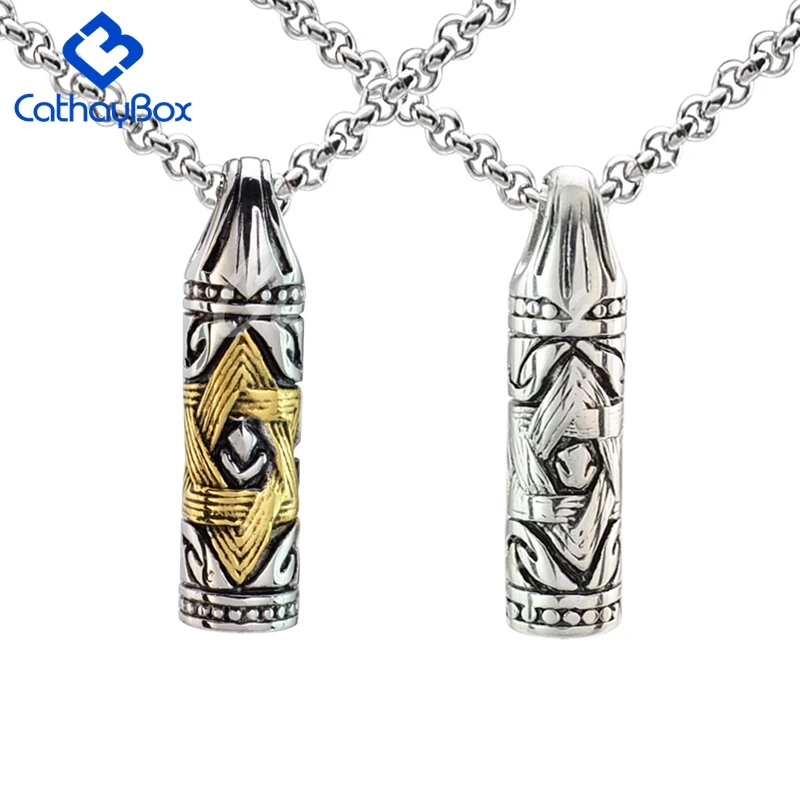 

Gold Silver Tone 316L Stainless Steel Jewish Star of David Hexagram Cylinder Pendant Necklace SS Chain