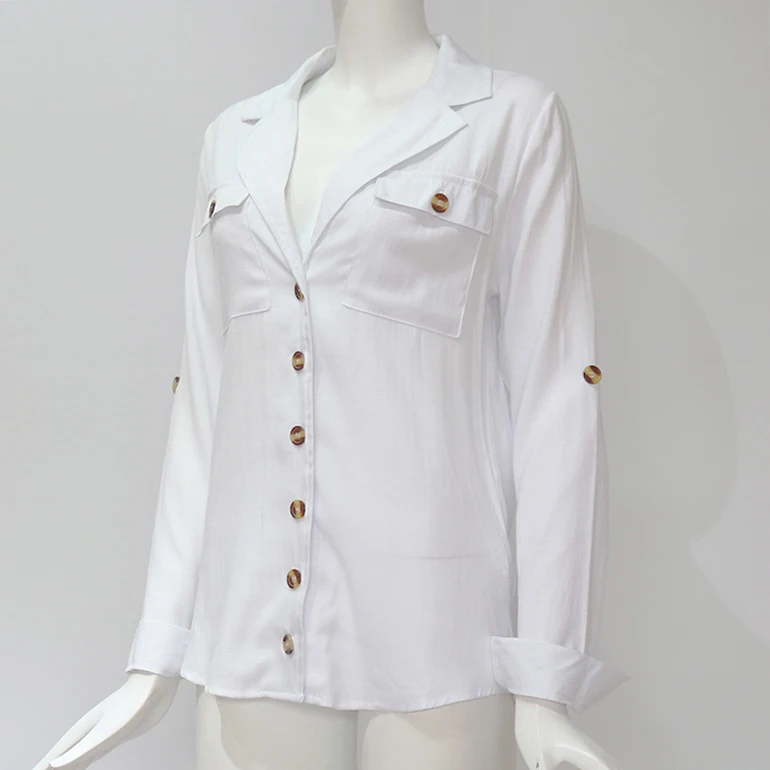 Женская однотонная блузка с длинным рукавом, повседневные блузки, топы для офиса, отложной воротник, блузка на пуговицах, туника с карманами, женская блуза XXL