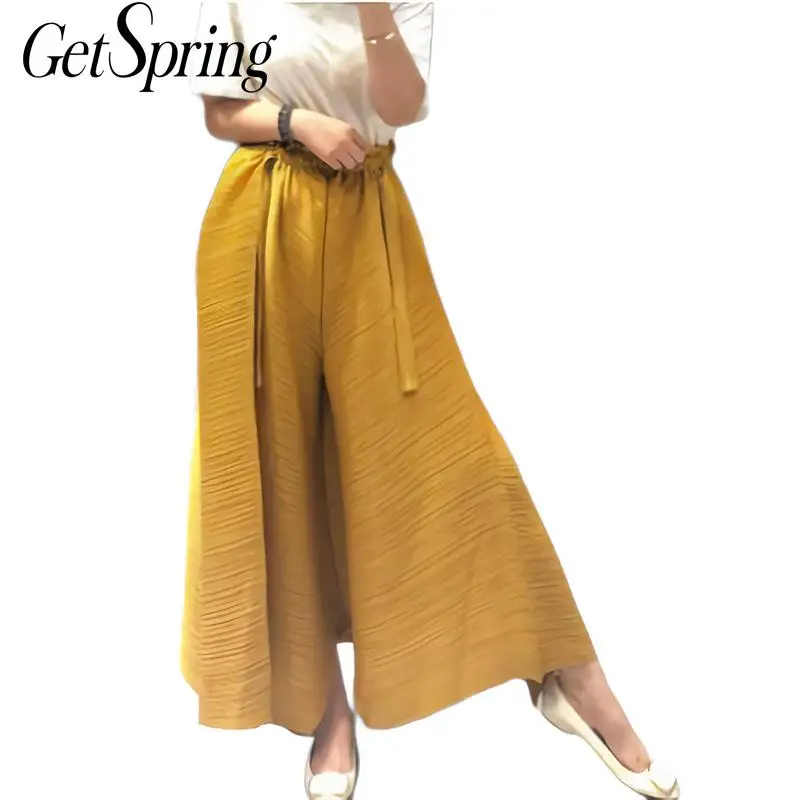 

GETSPRING Women Pant Elastic Waist High Waist Wide Leg Pants Black Drawstring Plus Size Loose Ankle-Length Pants 2019 New Sexy