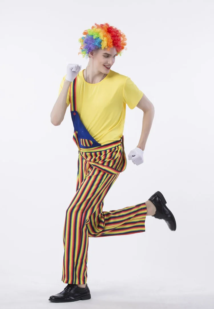 Umorden карнавальные вечерние Костюмы Клоуна на Хэллоуин для мужчин и женщин радужные Цирковые Костюмы Клоуна для косплея Необычные полосатые топы и штаны для пары