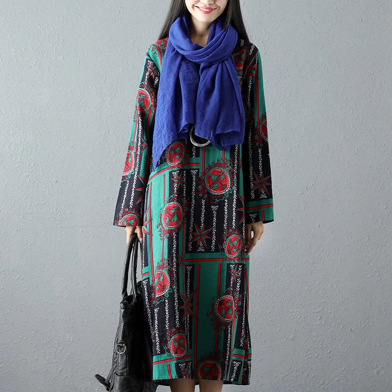 Spring Cotton Linen Print Women dress Ladies Long sleeve Casual Autumn Dresses vestidos vintage Plus size Women clothing SS257