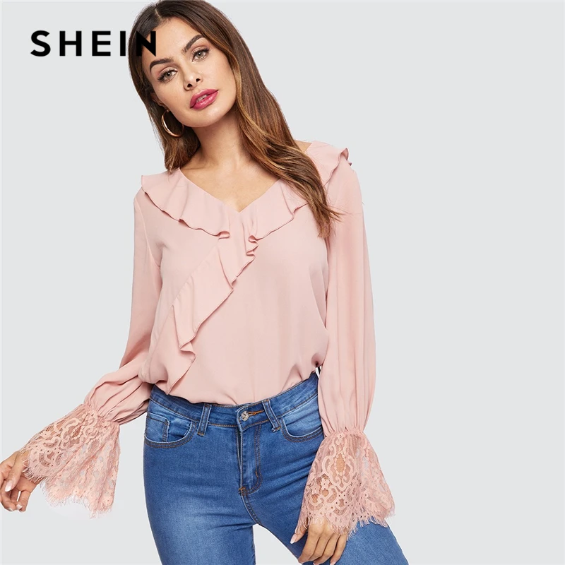 shein flounce sleeve lettuce trim tee
