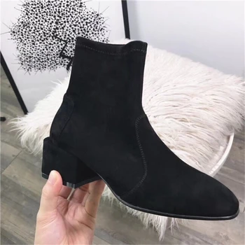 

Kmeioo Classics Shoes Woman Round Toe Suqare Heels Women Ankle Boots Slip-On Short Boots Black Brown Gray Shoes