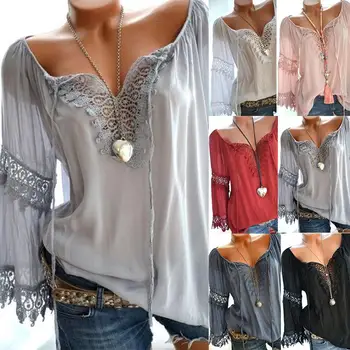 

Women'Fashion Off Shouder Tops V-Neck Cotton Linen Lace Up Long Shirt