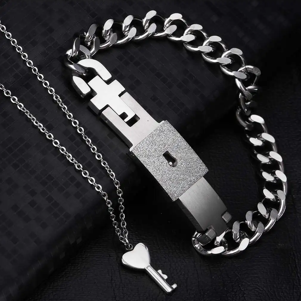 

GENBOLI 2018 Lovers Fashion Stainless Steel Key Necklace And Lock Bracelet Jewelry Sets Couple Valentines Gifts A35