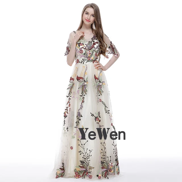 Embroidery champagne Evening Dress elegant for Women Sleeveless Long Sexy Half Sleeves Plus Size Prom Dresses 2018 Party gown 1