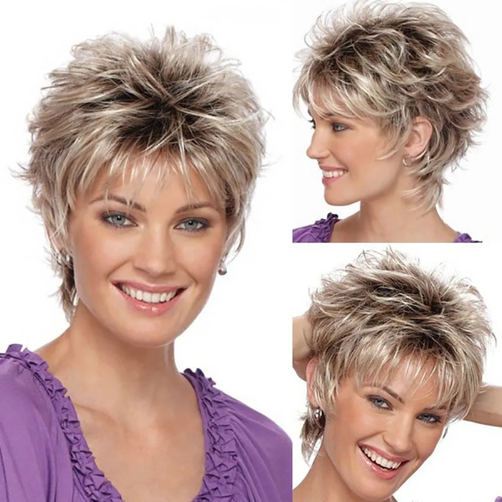 

Hot Selling Occident Fashion Women Ladies Practical Wig Short Haircut Curly Color Gradient Wigs Short Human Hair Synthetic Gift