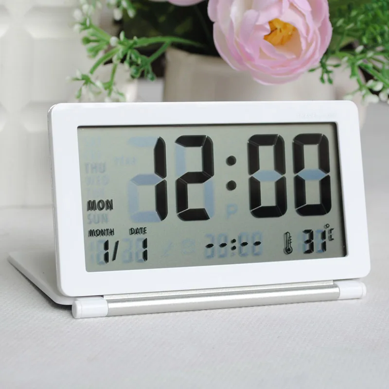 

Home desktop alarm clock travel alarm clock folding easy to carry digital display time temperature humidity 12/24 hours snooze