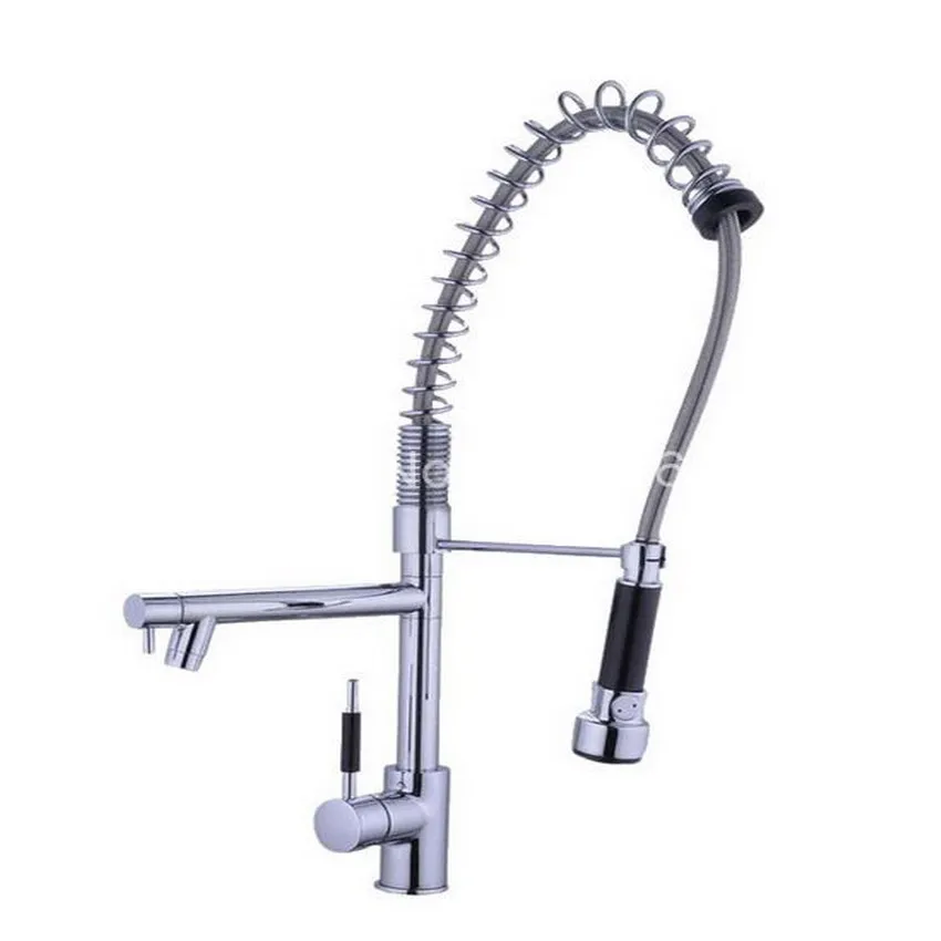 Polished Chrome Brass Dual Swivel Pull Out Spray Spout Kitchen Sink Swivel Spout Faucet Mixer Taps