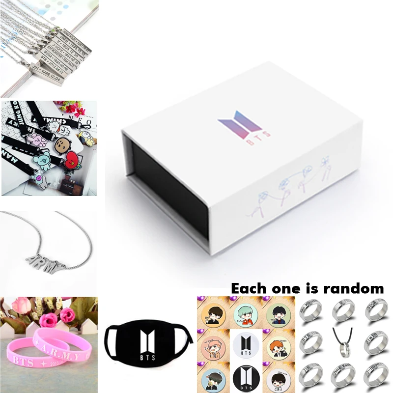 

Kpop Bangtan Boys BTS Army Accessories Box Badge Bracelet ring Keychain Necklace mask BTS JIMIN V Fans Support Gift Jewelry Set