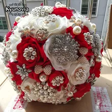 Kyunovia Rotonda Avorio Rosso Bouquet Da Sposa Di Seta Rosa di Cristallo di Cerimonia Nuziale Fiori Spilla In Rilievo buque de noiva Bouquet Da Sposa D48
