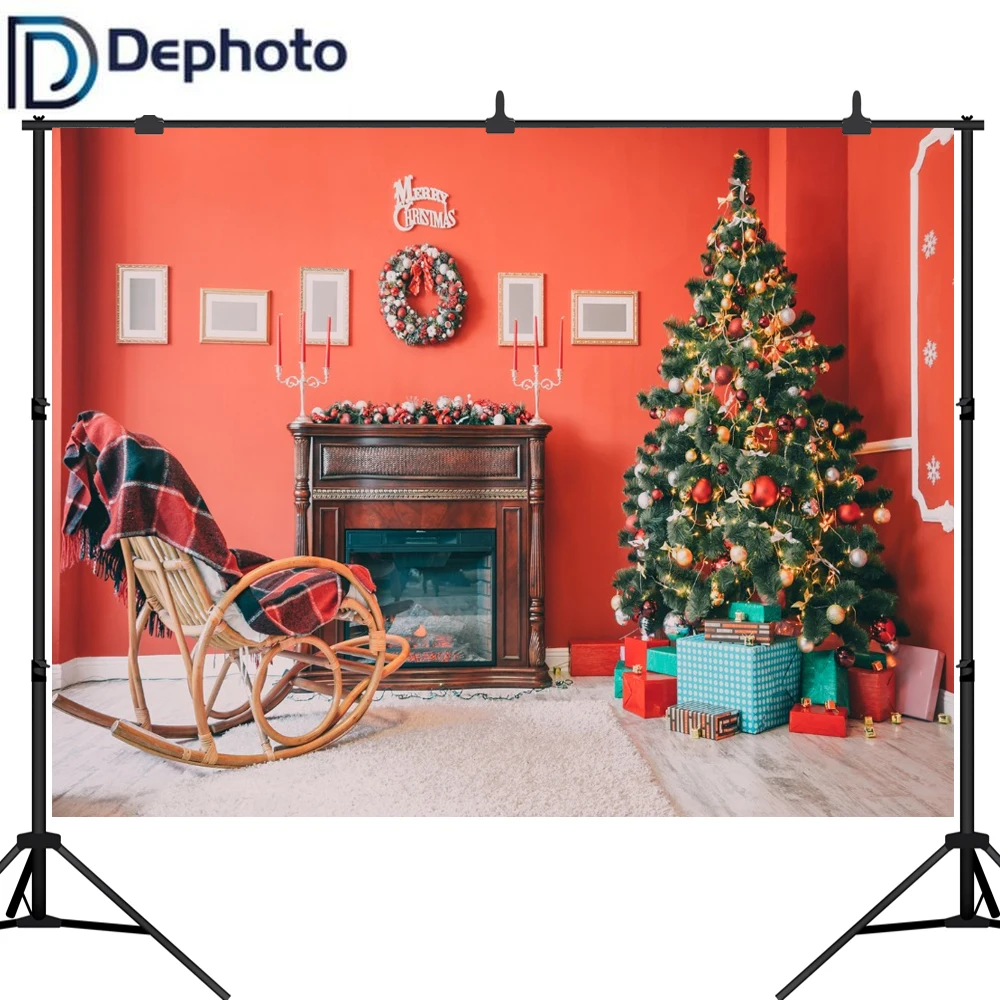Dephoto Photography Backdrops Christmas Tree Decorations Wood Fireplace presents photo Background for studio | Электроника