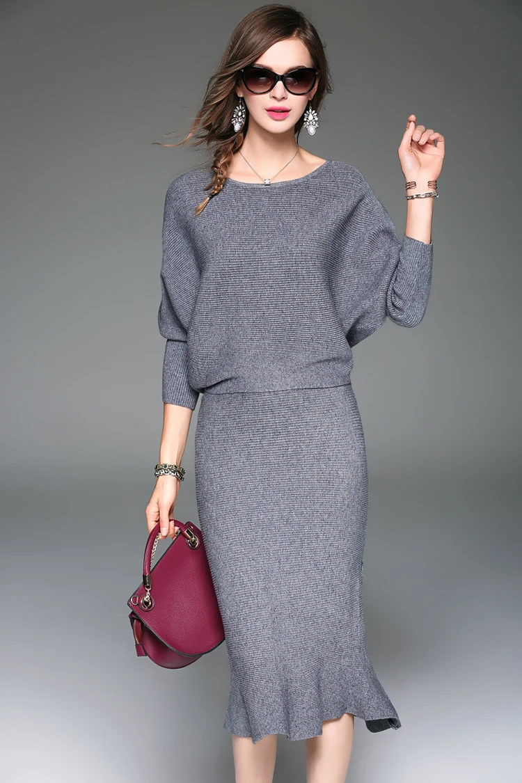 Elegant Women Sweater Suit Set High Quality Knitted Sweater and Ruffle Skirt Sexy Business Office Work Wear 2 Piece Set Suits 2018 (8)