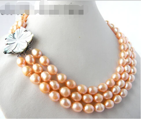 

Free shipping >>>>>3Strands 18'' 9MM Pink Rice Freshwater Pearl Necklace