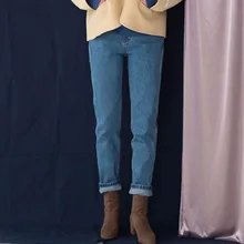 Зимние женские джинсы для мамы, джинсы с высокой талией и длиной до щиколотки, винтажные Синие Джинсы бойфренда