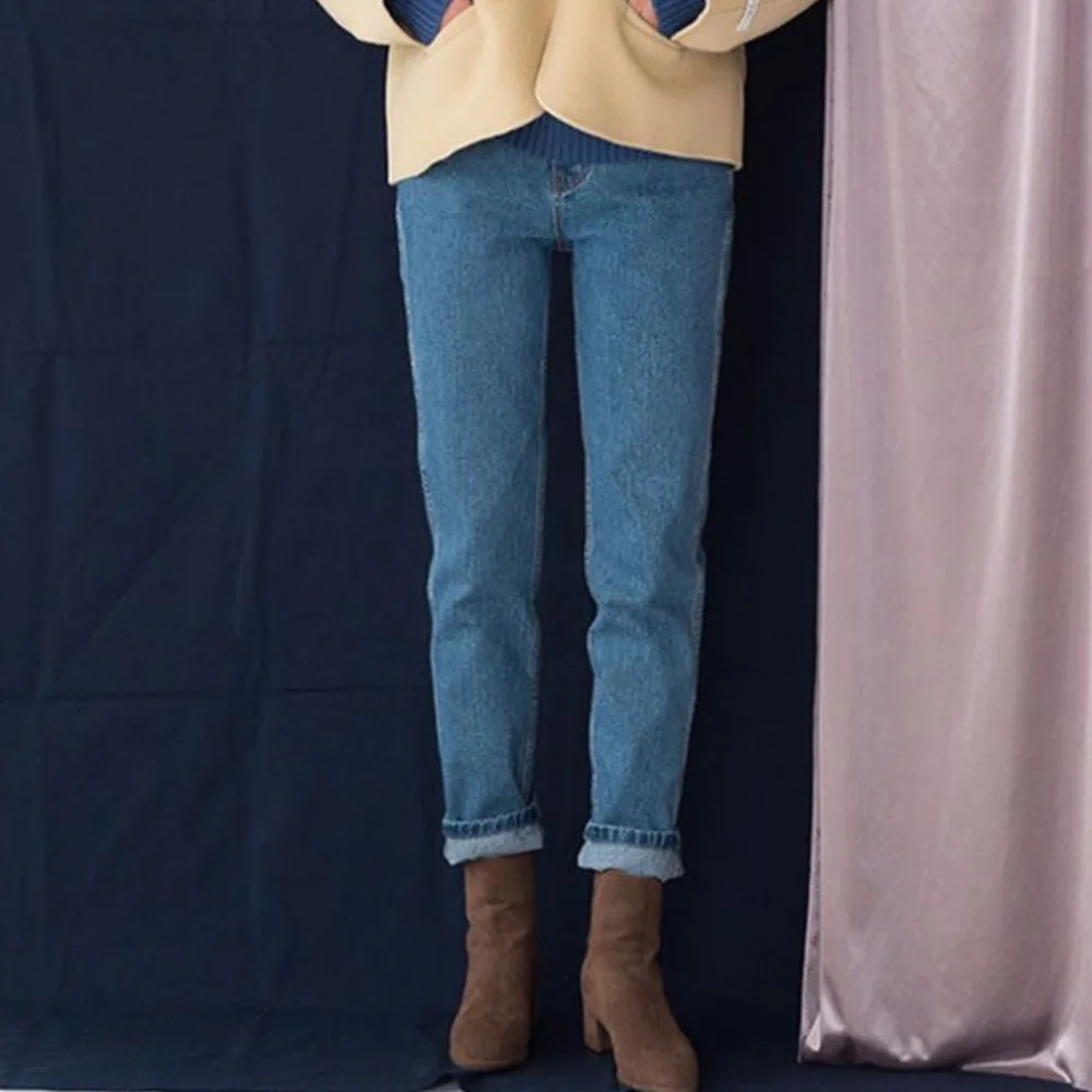 Winter Women Mom Jeans High Waist Ankle Length Jeans Vintage Blue Boyfriend Jeans
