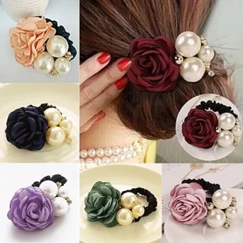 

elastic hair rope ring flower hair rope for girls hair braider Ribbon Rose Flower Pearls Hairband Y406