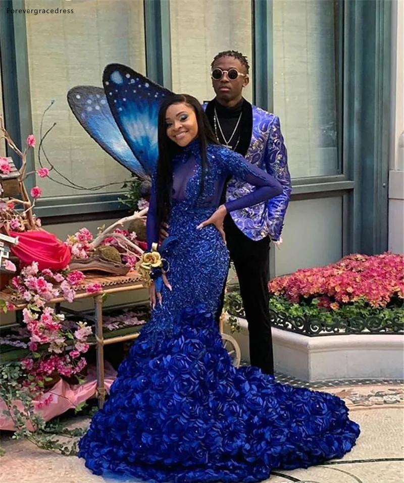 Gorgeous Royal Blue Mermaid Prom Dresses 2019 African Girls Sheer Long Sleeve Appliques Sequins Long Event Dress For Prom Season  248 (1)