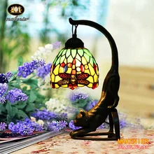 Makenier Винтажный стиль Тиффани витраж зеленая Стрекоза Настольная лампа с кошачьим основанием, 6 дюймов абажур