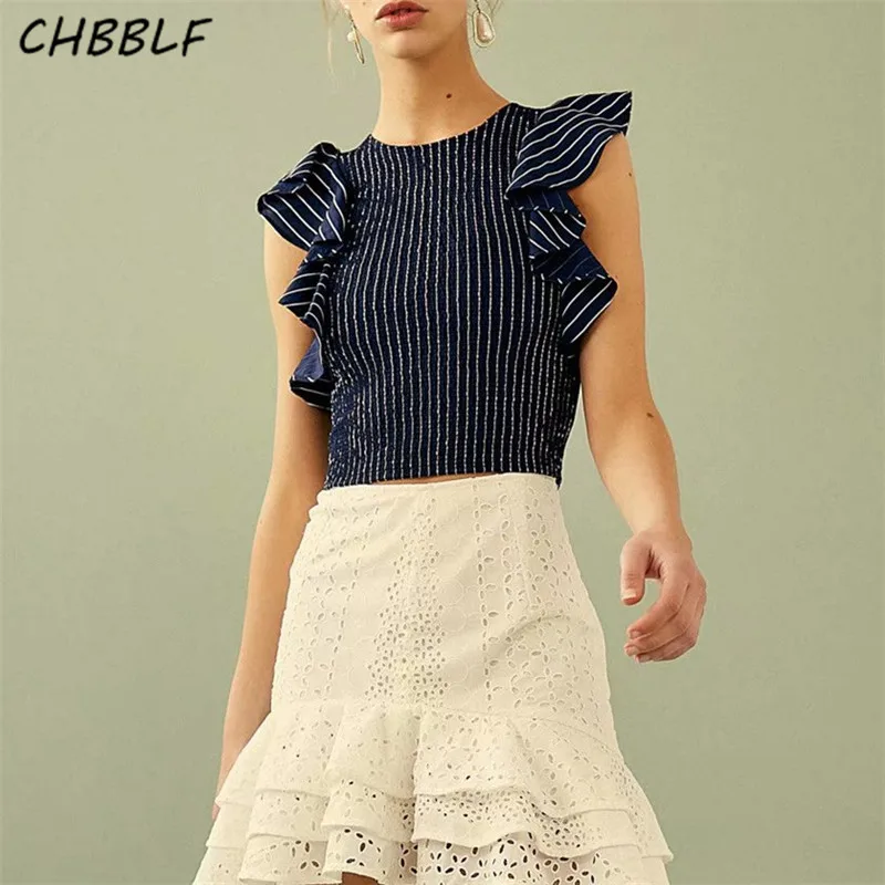 CHBBLF women striped ruffled crop top O neck short blouses female ...