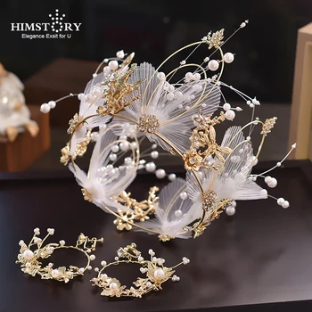 

HIMSTORY 2019 New Feather Round Princess Crown Tiaras Handmade Pearl Wedding Bridal Hair Accessories Hair Jewelry
