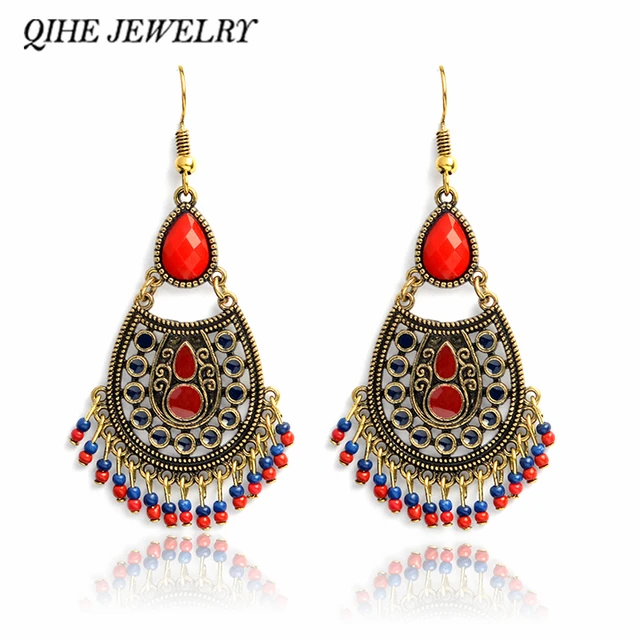 Vintage Chandelier Earrings Red Stone Beads Hanging Statement Vintage Chandelier Earrings Red Stone Beads Hanging Statement Earring Bohemian Style Jewelry Boho For Women