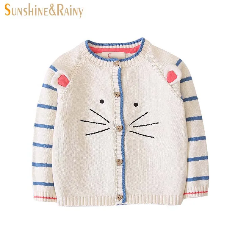 

Sunshine & Rainy Cat Ears Stripes Knit Cardigan For Girls Cartoon Embroidery Kids Sweater Long Sleeve Children Clothing Coat