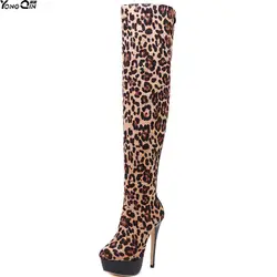 Женская обувь на высоком каблуке с леопардовым принтом, высокие зимние сапоги, женские сапоги выше колена с леопардовым принтом