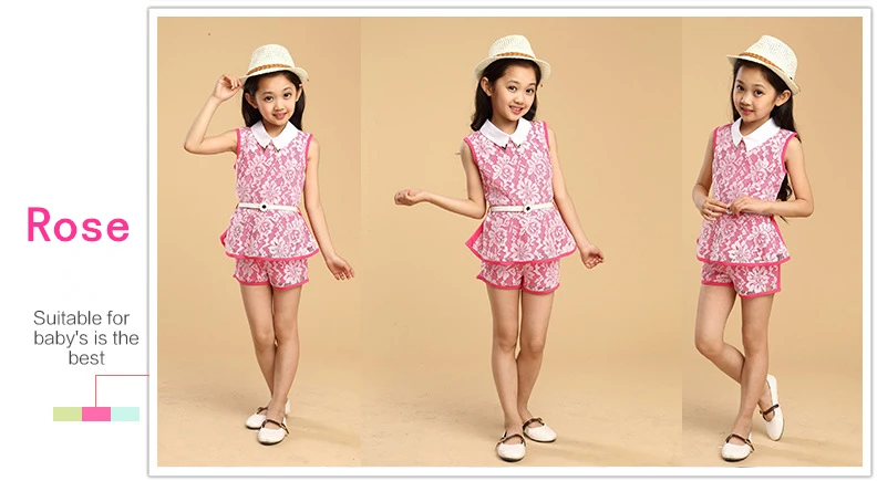 4-13Y Fashion Girls Clothes Set 2018 Summer Lace Flower Kids Outfit Girl Sleeveless Top Shorts Belt 3Pcs Suits Children Clothing (4)